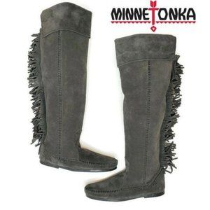 Minnitonka NWT over the knee fringe leather boots charcoal gray sz 5 small feet